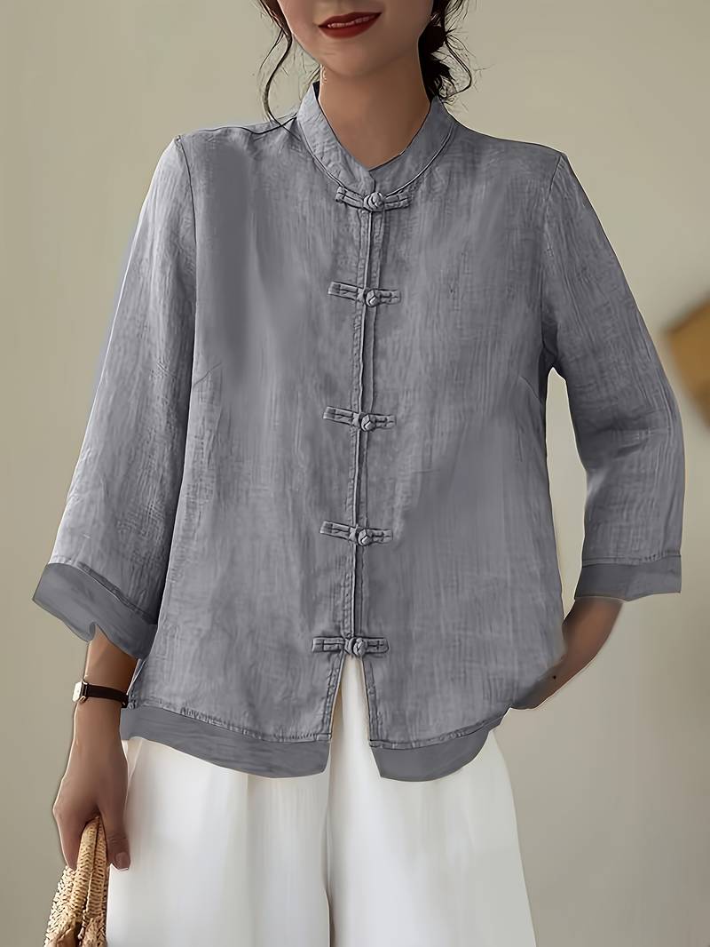 Yara Frog-Button Linen Blouse in Gray, front view