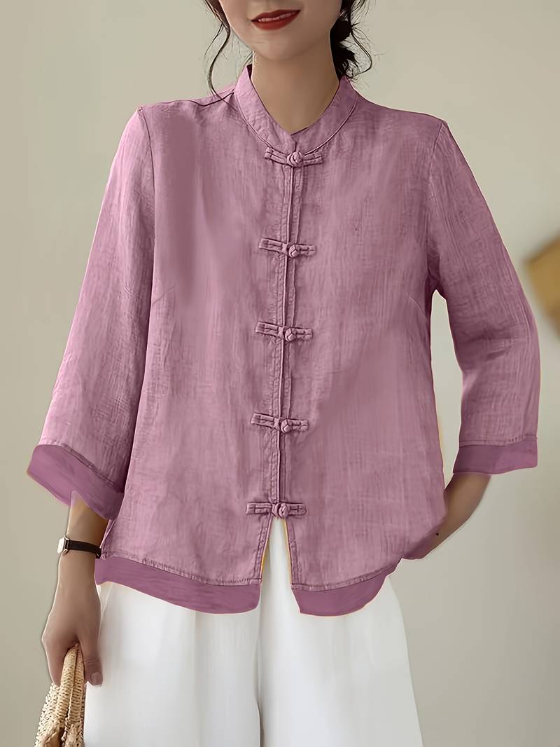 Yara Frog-Button Linen Blouse in Pink, front view