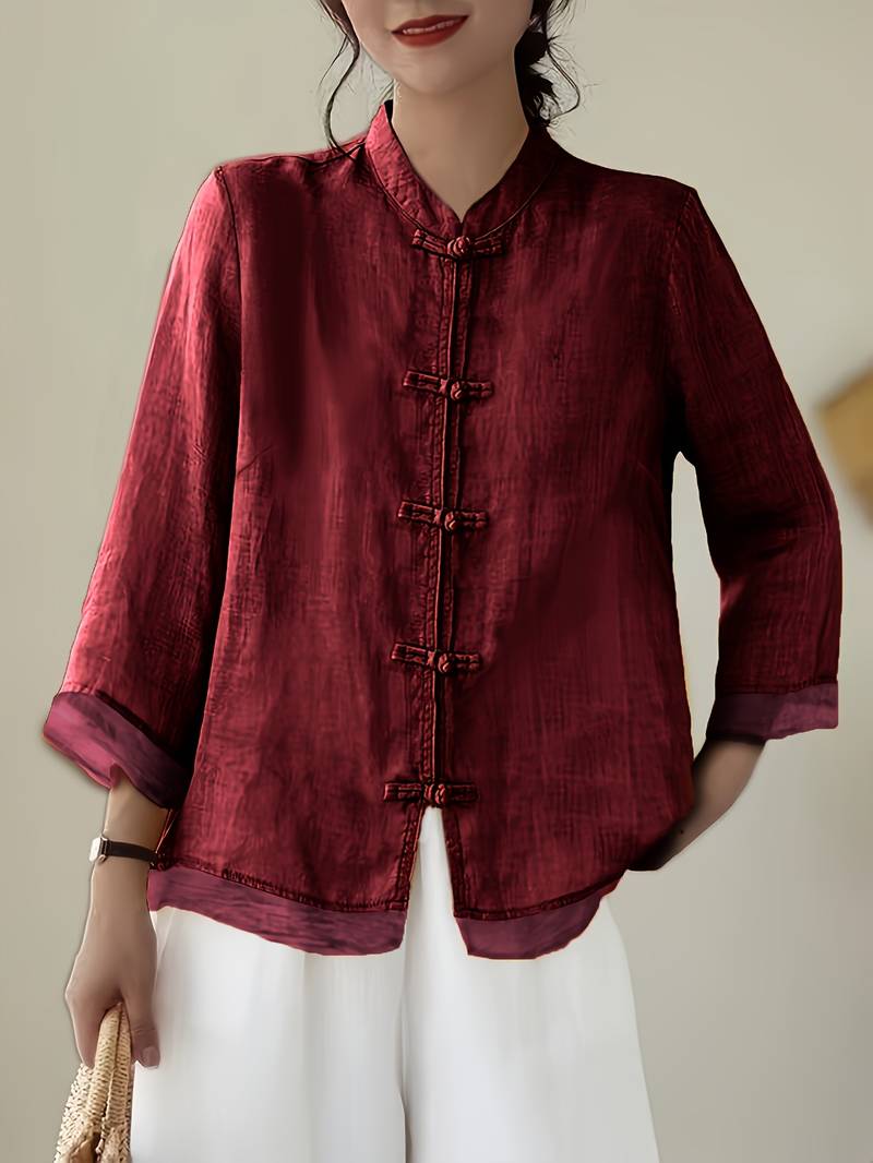 Yara Frog-Button Linen Blouse in Red, front view